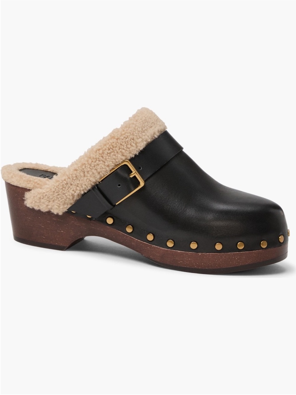 PAIGE Black Leather 8 Shearling-Trim Stud Clog BRAND NEW w/o tags